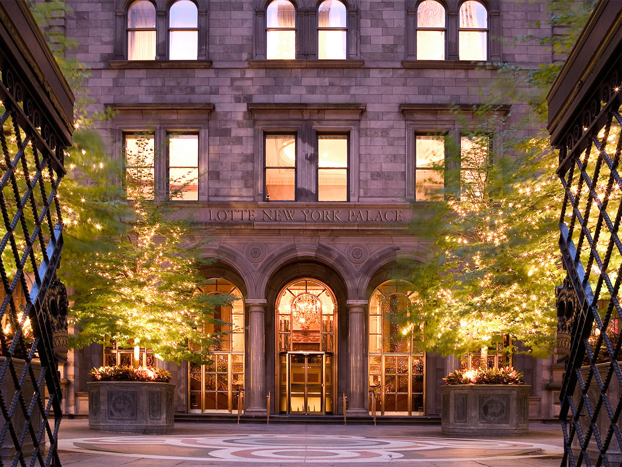 Exterior shot of luxury Lotte New York Palace hotel on Madison Avenue in NYC