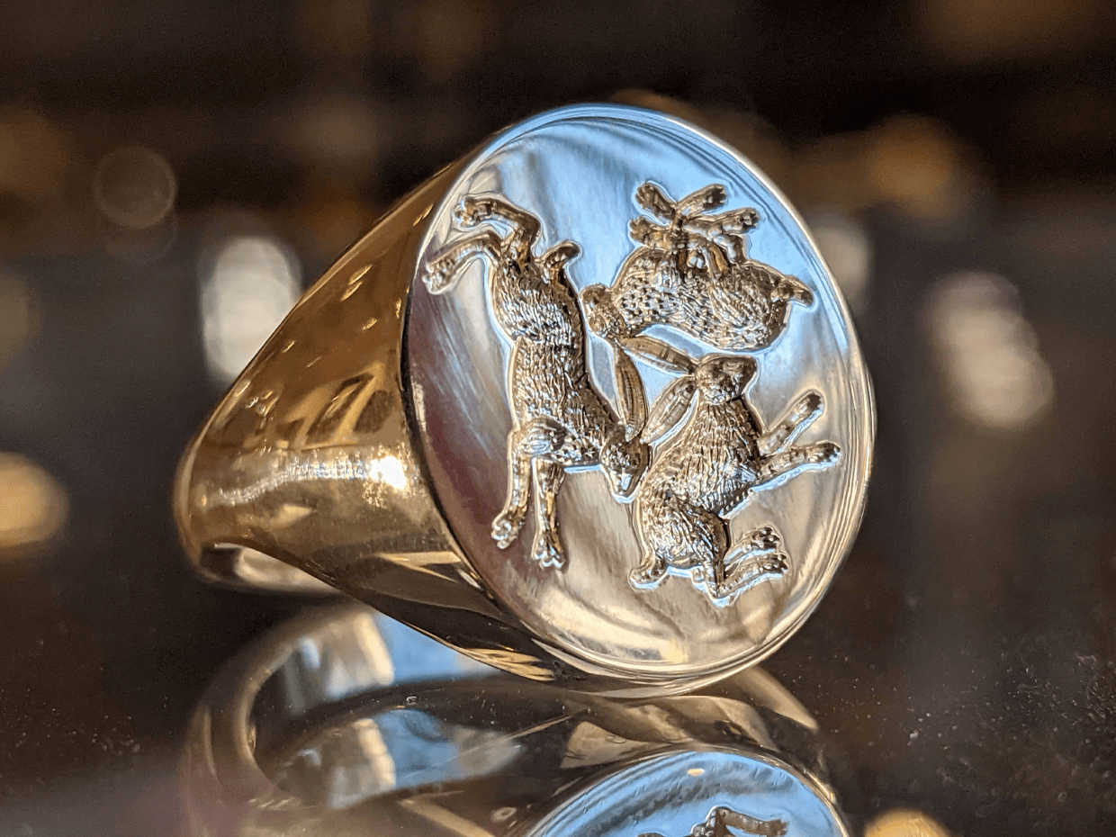 Personalised gold Rebus Signet Ring with hand engraved rabbit design for the Lunar New Year