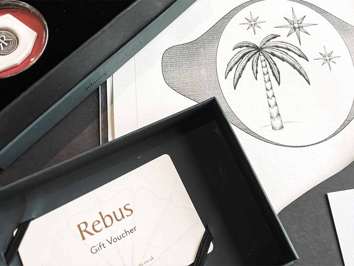 Personalised Rebus signet ring gift box with wax seal and hand drawn artwork